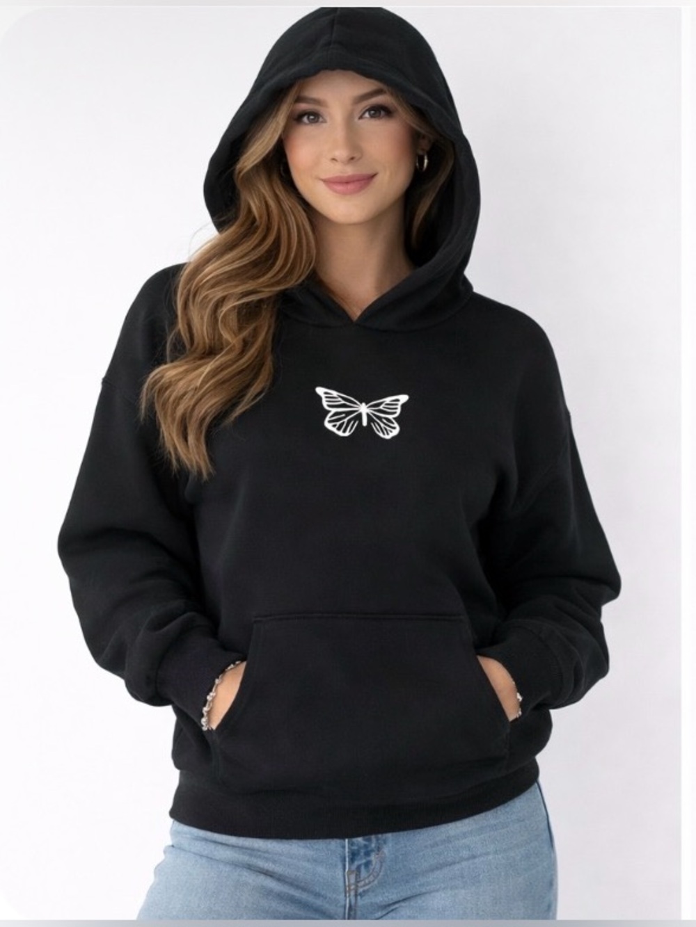 Black Butterfly Graphic Hoodie - Women Tops